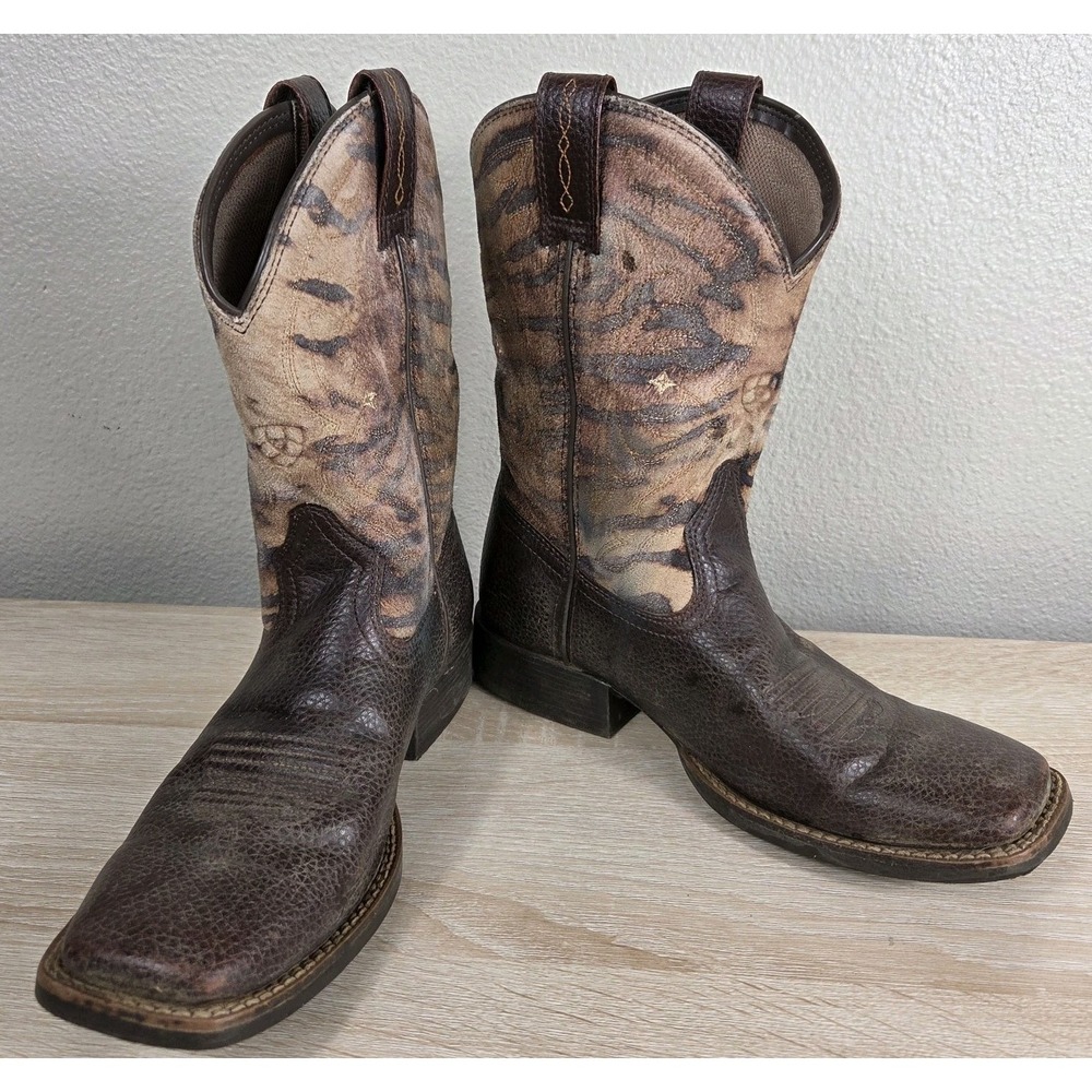 Ariat Kids Western Cowboy Boots Brown Leather Tiger Print Size 2.5 Youth